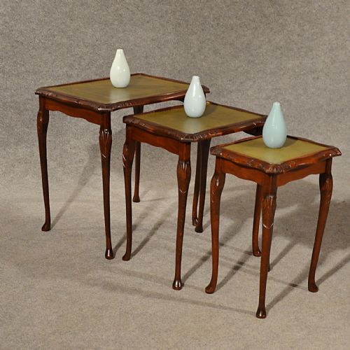 Antique Nest Set Tables Side Occasional English Edwardian Oak with Leather C1910