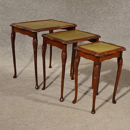 fig 2. Antique Nest Set Tables Side Occasional English Edwardian Oak With Leather c1910