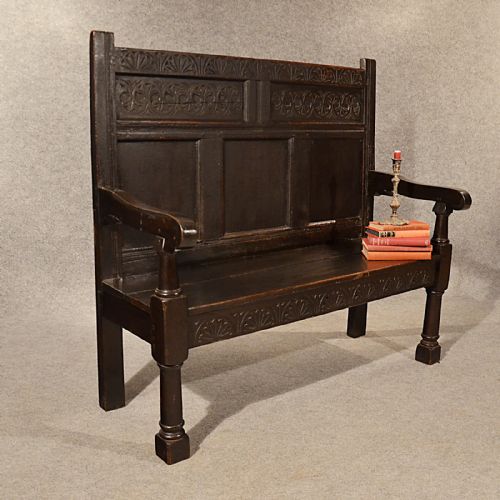 Antique Oak Bench Settle Carved Hall Seat Quality English Early Victorian C1850