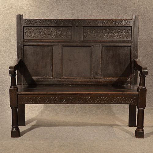 fig 2. Antique Oak Bench Settle Carved Hall Seat Quality English Early Victorian c1850