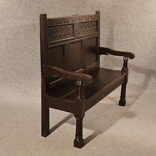 fig 3. Antique Oak Bench Settle Carved Hall Seat Quality English Early Victorian c1850