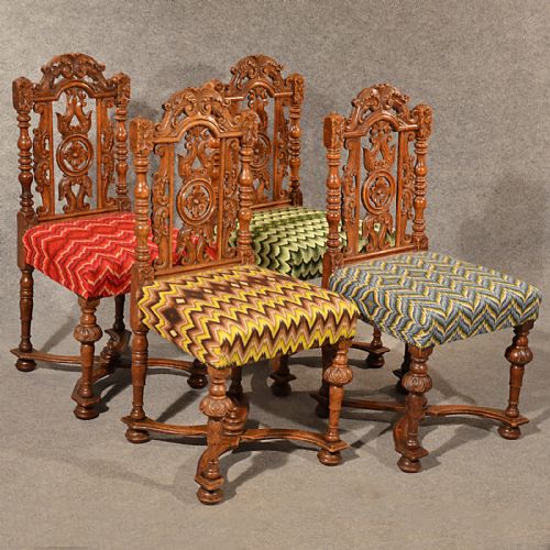 Antique Dining Chairs Oak Carved Tapestry Needlepoint Victorian English C1860