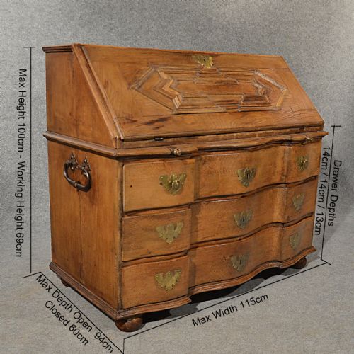 fig 1. Antique Oak Bureau Writing Study Desk Fine Quality Serpentine Front c1800