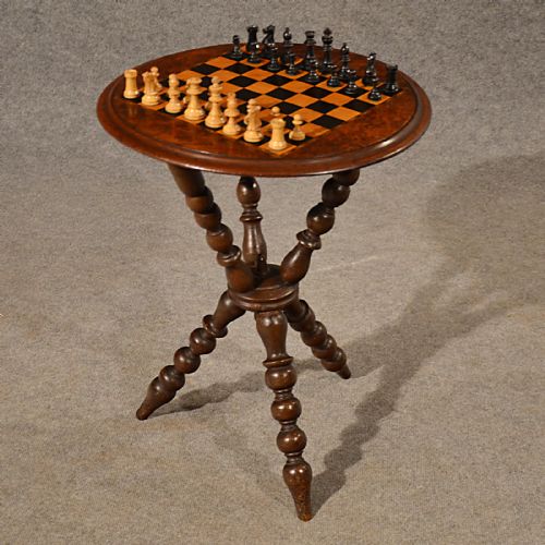 Antique Chess Table Games Gypsy Lamp Wine Burr Walnut English Victorian C1890