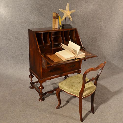 Antique Burr Walnut Bureau Edwardian Quality Leather Writing Desk English C1910