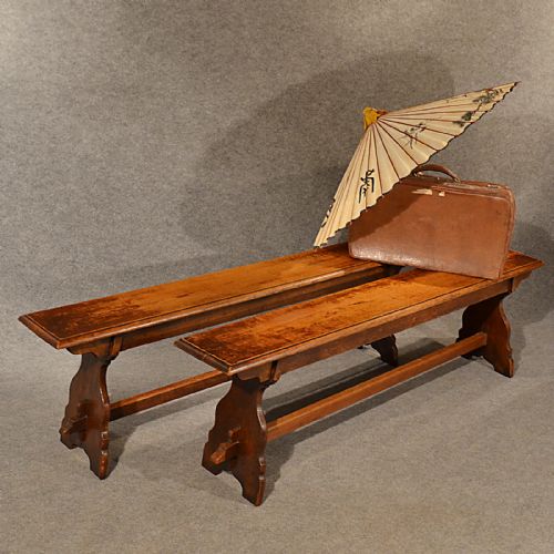 Antique Pair Oak Benches Settle Pew Seats Quality English Late Victorian C1890