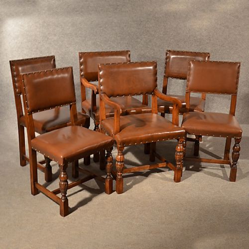 Antique Oak Dining Kitchen Chairs Quality Leather Set 6 English Edwardian C1910