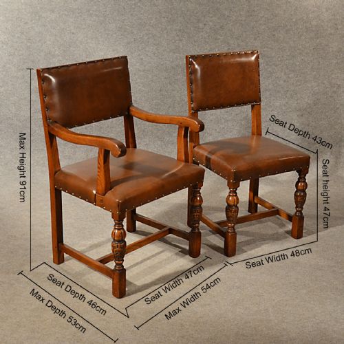 fig 1. Antique Oak Dining Kitchen Chairs Quality Leather Set 6 English Edwardian c1910