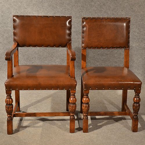 fig 2. Antique Oak Dining Kitchen Chairs Quality Leather Set 6 English Edwardian c1910