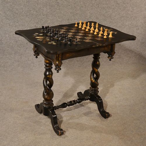 Antique Chess Table Games Card Ebonised Mother of Pearl English Victorian C1880