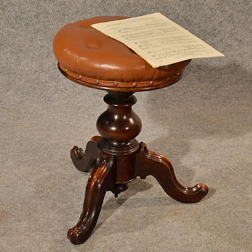 Antique Music Piano Stool Leather Button Adjustable Seat English Victorian C1880