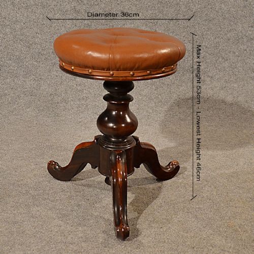 fig 1. Antique Music Piano Stool Leather Button Adjustable Seat English Victorian c1880