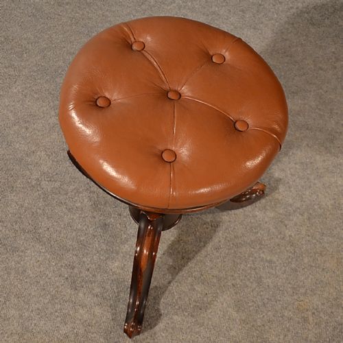 fig 3. Antique Music Piano Stool Leather Button Adjustable Seat English Victorian c1880