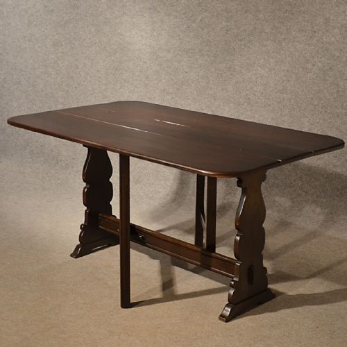 fig 3. Antique 5' Oak Kitchen Dining Table Narrow Dropleaf Flap Six Seat English c1910