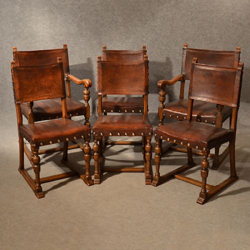 Antique Leather & Oak Dining Chairs Set 6 Wide Quality English Victorian C1900