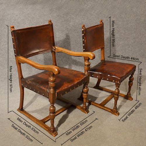 fig 1. Antique Leather & Oak Dining Chairs Set 6 Wide Quality English Victorian c1900