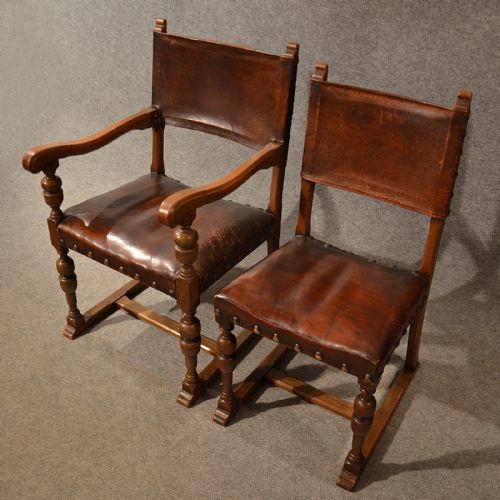fig 2. Antique Leather & Oak Dining Chairs Set 6 Wide Quality English Victorian c1900