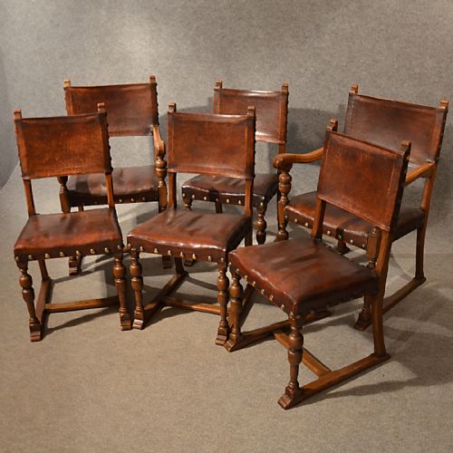 fig 3. Antique Leather & Oak Dining Chairs Set 6 Wide Quality English Victorian c1900