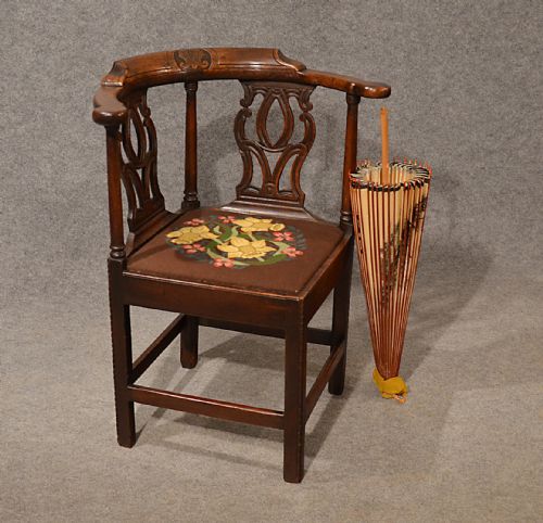 Antique Oak Corner Side Elbow Chair Quality Needlepoint English Georgian C1800