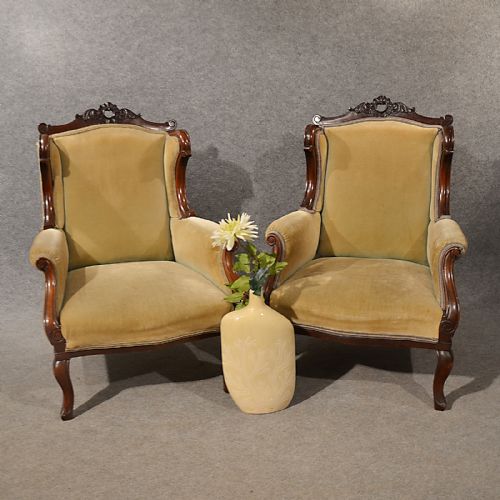 Antique Pair Armchairs Walnut Club Lounge Salon Easy Wing Chairs Victorian C1900