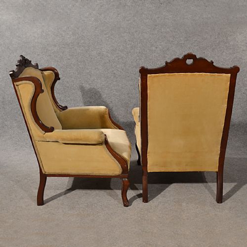 fig 2. Antique Pair Armchairs Walnut Club Lounge Salon Easy Wing Chairs Victorian c1900