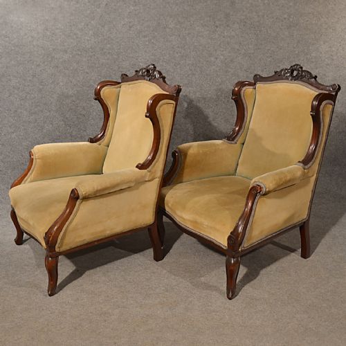 fig 3. Antique Pair Armchairs Walnut Club Lounge Salon Easy Wing Chairs Victorian c1900