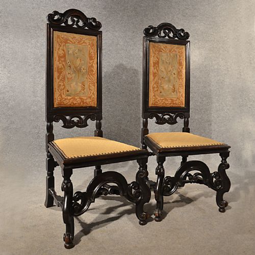 Antique Pair Hall Dining Side Chairs Needlepoint Anglo Dutch Victorian C1880