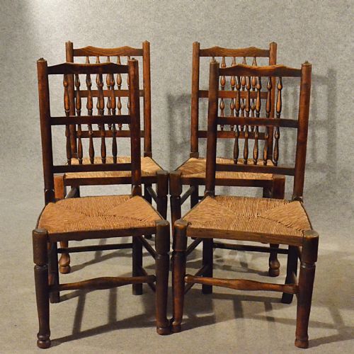 fig 4. Antique Set 4 Kitchen Dining Chairs Quality Oak Lancashire Spindle Back c1880