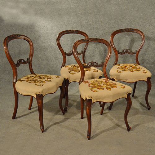 Antique Dining Chairs Walnut Balloon Back Tapestry Needlepoint English C1850