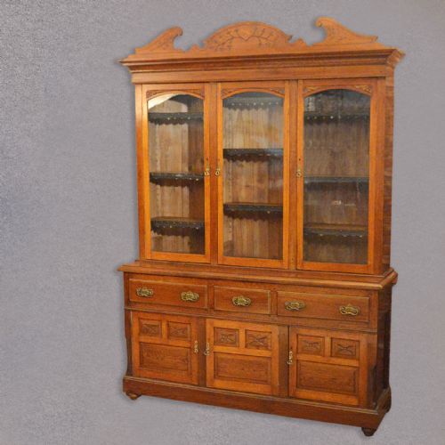 Antique Bookcase Cabinet. English Oak Glazed Dresser, Large Cupboard, Victorian