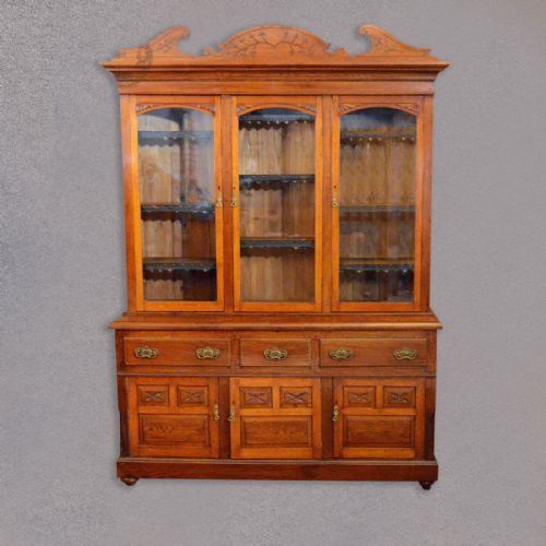 fig 1. Antique Bookcase Cabinet. English Oak Glazed Dresser, Large Cupboard, Victorian