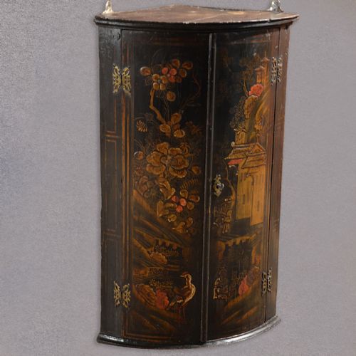 Antique Chinese Painted Corner Cabinet, Bow Front, Cupboard, Ebonised C.1850