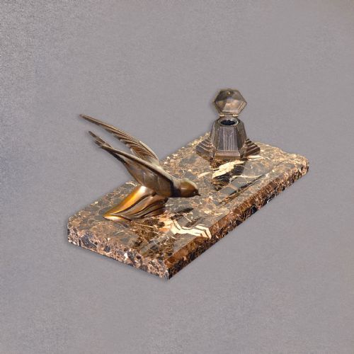 Antique French Art Deco Desk Stand, Marble, Spelter Bronze Inkwell, 20s Vintage