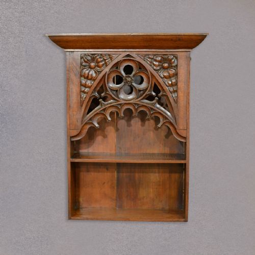 fig 1. Antique Hanging Shelf, Bookcase, English Oak Pugin Inspired Gothic Revival c1870