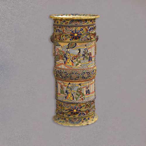 Antique Japanese Moriage Stick Stand, Slip Earthenware, Umbrella Pot, C.1910