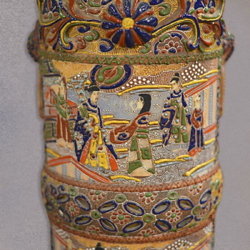 fig 2. Antique Japanese Moriage Stick Stand, Slip Earthenware, Umbrella Pot, c.1910