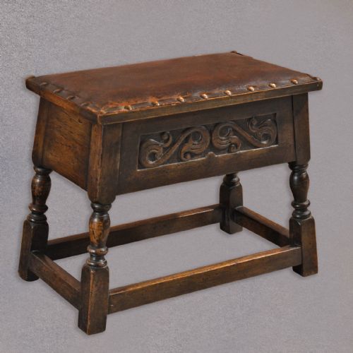 Antique Joint Stool, Padded Leather Locker Seat, Carved Victorian, English Oak
