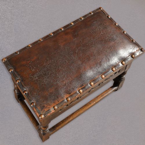 fig 1. Antique Joint Stool, Padded Leather Locker Seat, Carved Victorian, English Oak