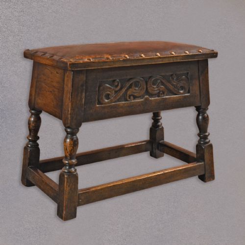 fig 2. Antique Joint Stool, Padded Leather Locker Seat, Carved Victorian, English Oak