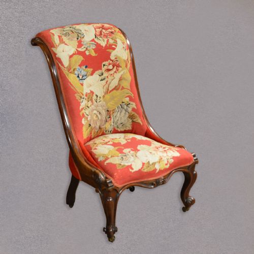 Antique Nursing Chair, Victorian Needlepoint Seat, English Walnut Side C.1850