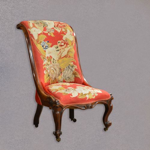 fig 1. Antique Nursing Chair, Victorian Needlepoint Seat, English Walnut Side c.1850