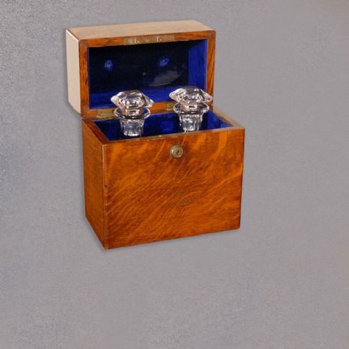 fig 2. Antique Pair of Glass Decanters in English Oak Box, Victorian c.1895