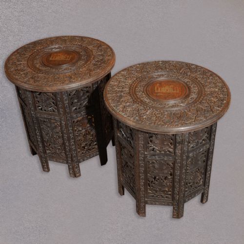 Antique Pair of Indian Carved Wooden Campaign Tables C19th Raj Side Lamp Tables