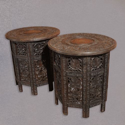 fig 1. Antique Pair of Indian Carved Wooden Campaign Tables C19th Raj Side Lamp Tables