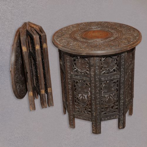 fig 2. Antique Pair of Indian Carved Wooden Campaign Tables C19th Raj Side Lamp Tables