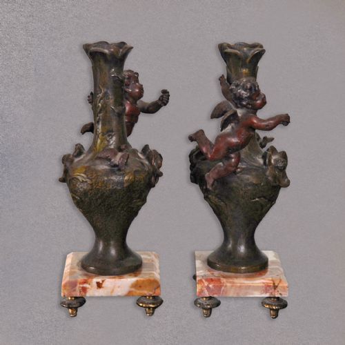 Antique Pair of Candlesticks Vases Cherubs Urns on Marble Bases Victorian C.1870