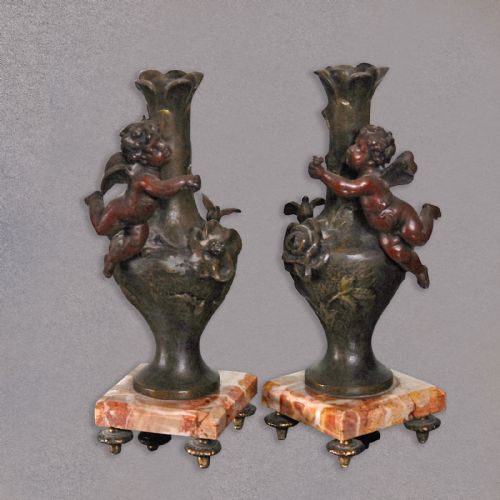 fig 1. Antique Pair of Candlesticks Vases Cherubs Urns on Marble Bases Victorian c.1870