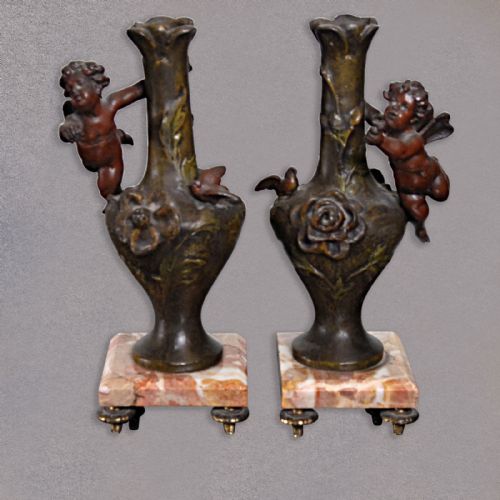 fig 2. Antique Pair of Candlesticks Vases Cherubs Urns on Marble Bases Victorian c.1870