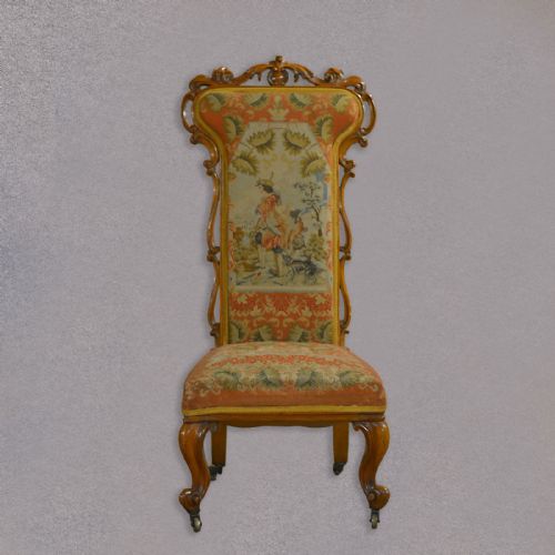 fig 1. Antique Prie Dieu Chair, Needlepoint Seat, English Regency Figured Walnut c.1830