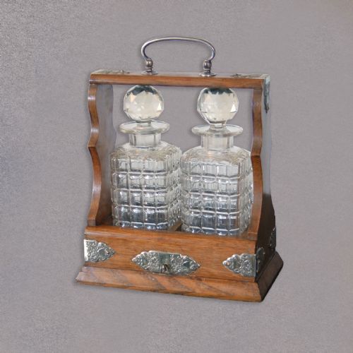 Antique Tantalus, Pair of Decanters, Oak Locking Wine Spirit Carrier Victorian